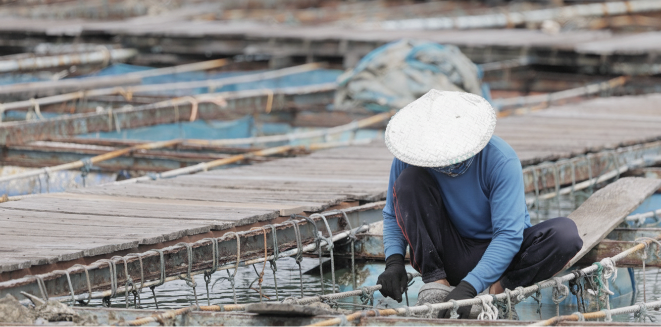 Person working at an pearl farm with oyster cages in the water