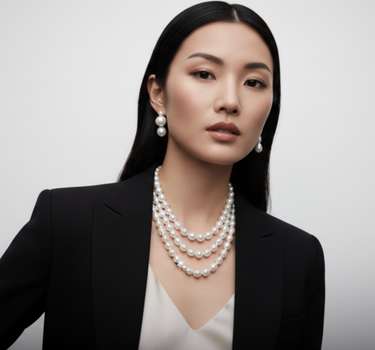 Woman wearing a black blazer and pearl necklace against a gray background