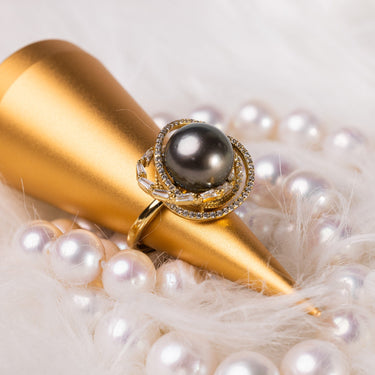 Black Tahitian Pearl & Diamond Aurelune Ring - De Blancas